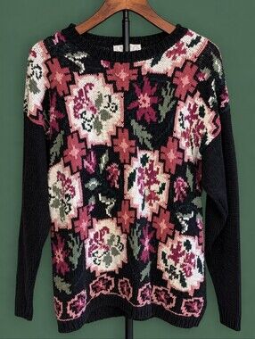 Vintage Rachael Max Floral Textured Knit Sweater Size L